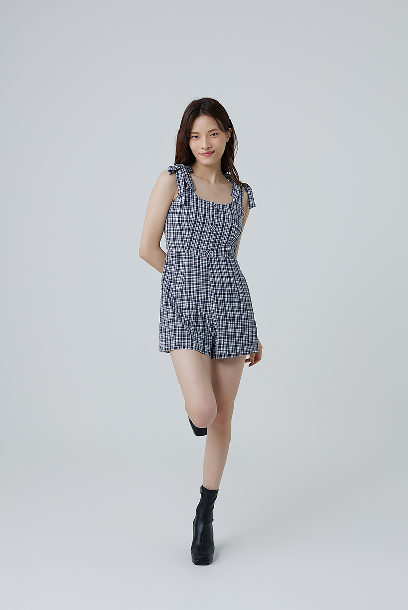 Eberta Gingham Button Front Romper in Navy Blue