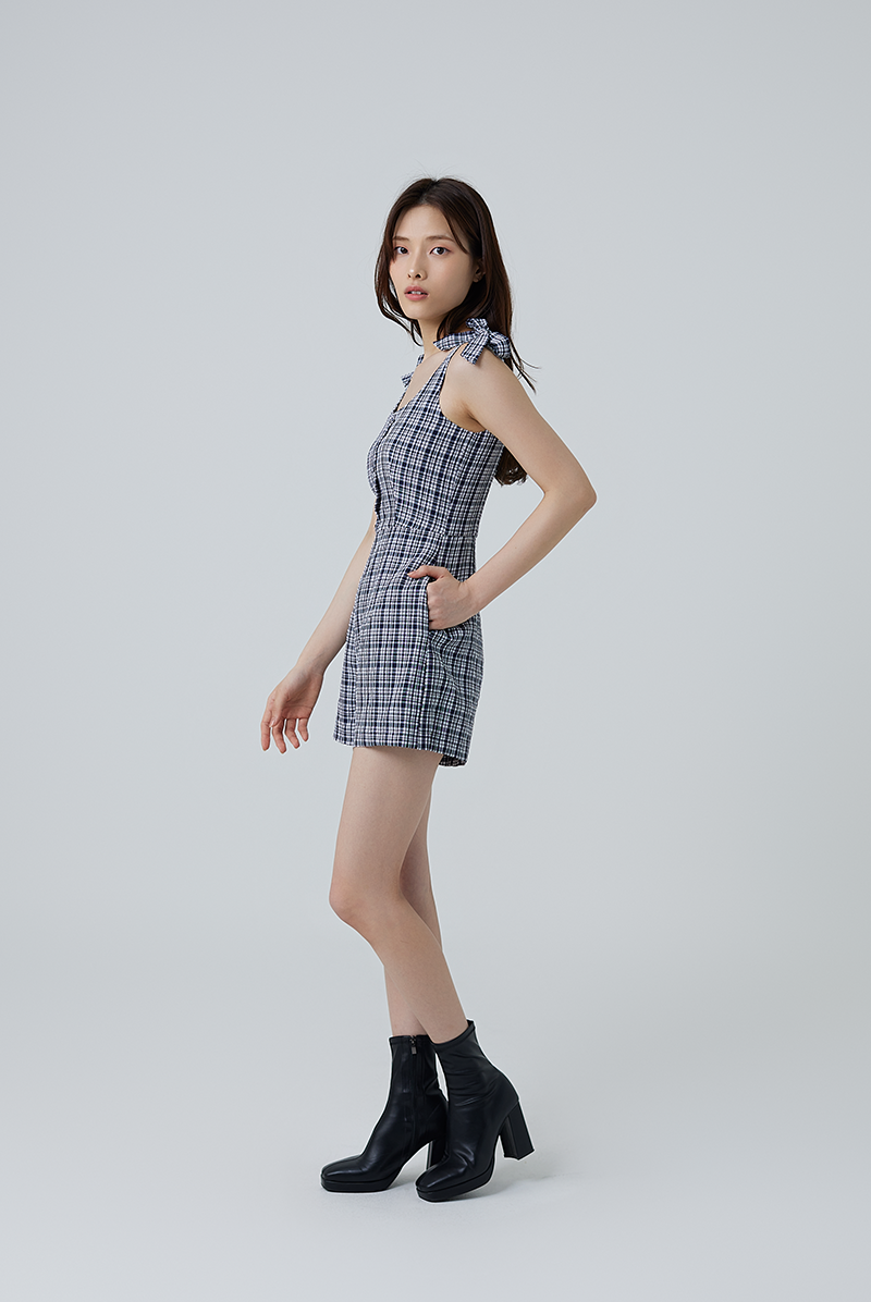 Eberta Gingham Button Front Romper in Navy Blue