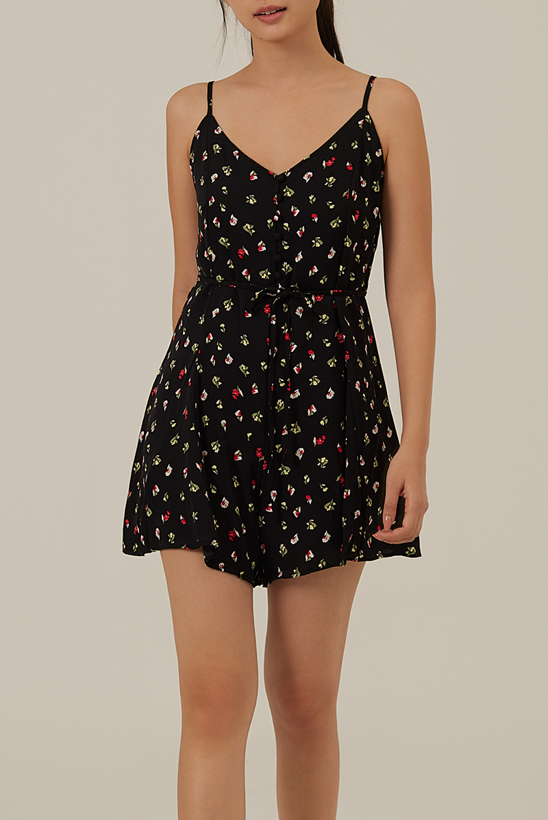 Romania Floral V-Neck Romper in Black