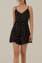 Romania Floral V-Neck Romper in Black