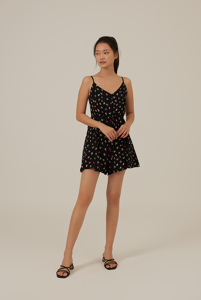 Romania Floral V-Neck Romper in Black