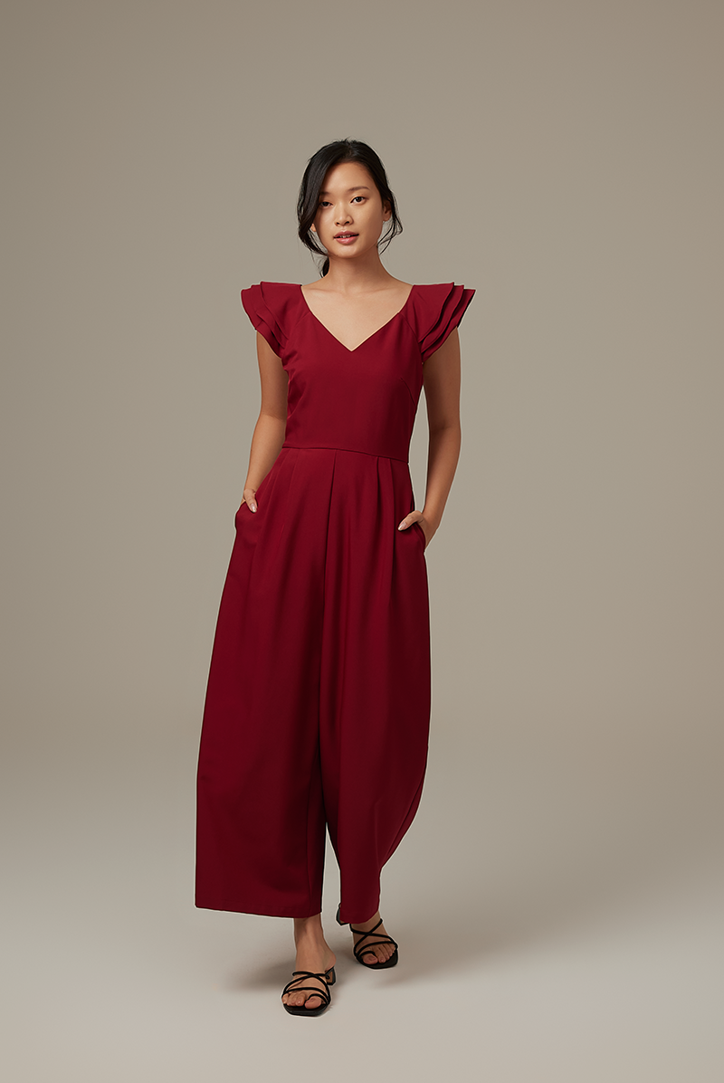 Shera Pleated Jumpsuit in Maroon