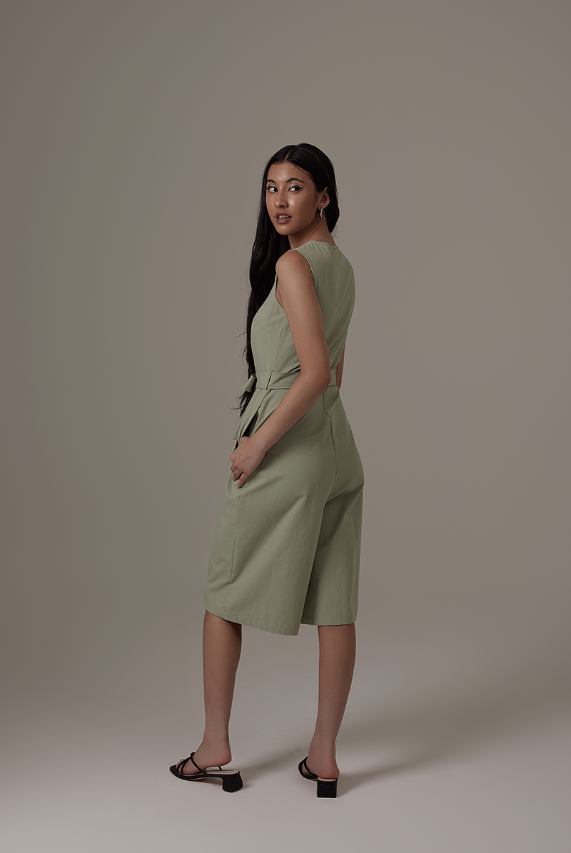 Amelia Button Cropped Jumpsuit in Sage Green