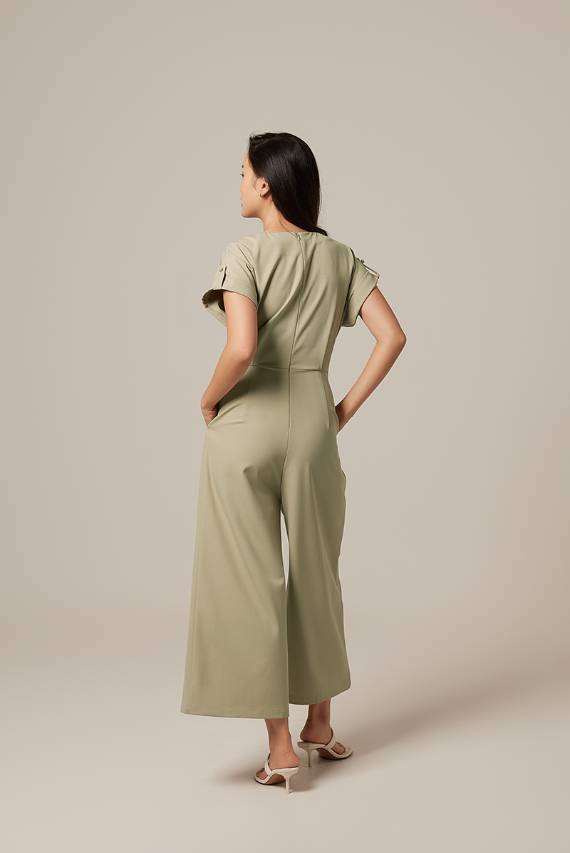 Adalyn Faux Wrap Jumpsuit in Sage Green