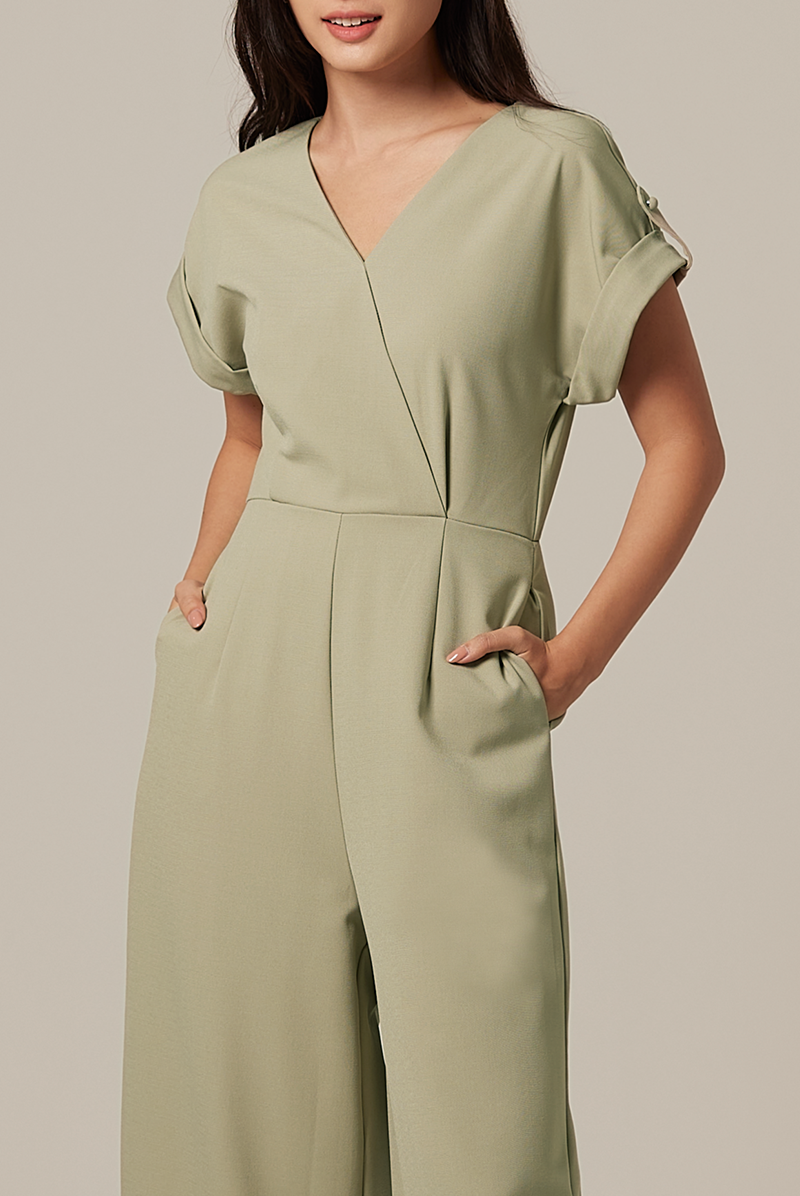 Adalyn Faux Wrap Jumpsuit in Sage Green