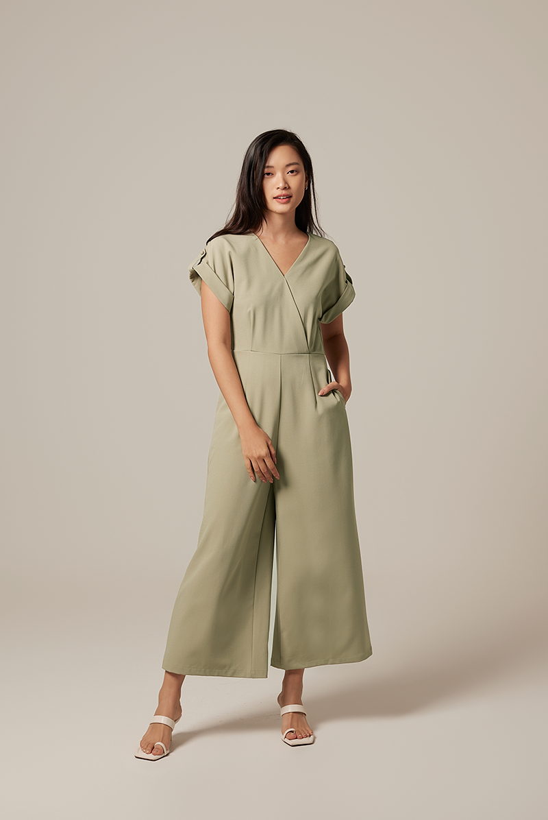 Adalyn Faux Wrap Jumpsuit in Sage Green