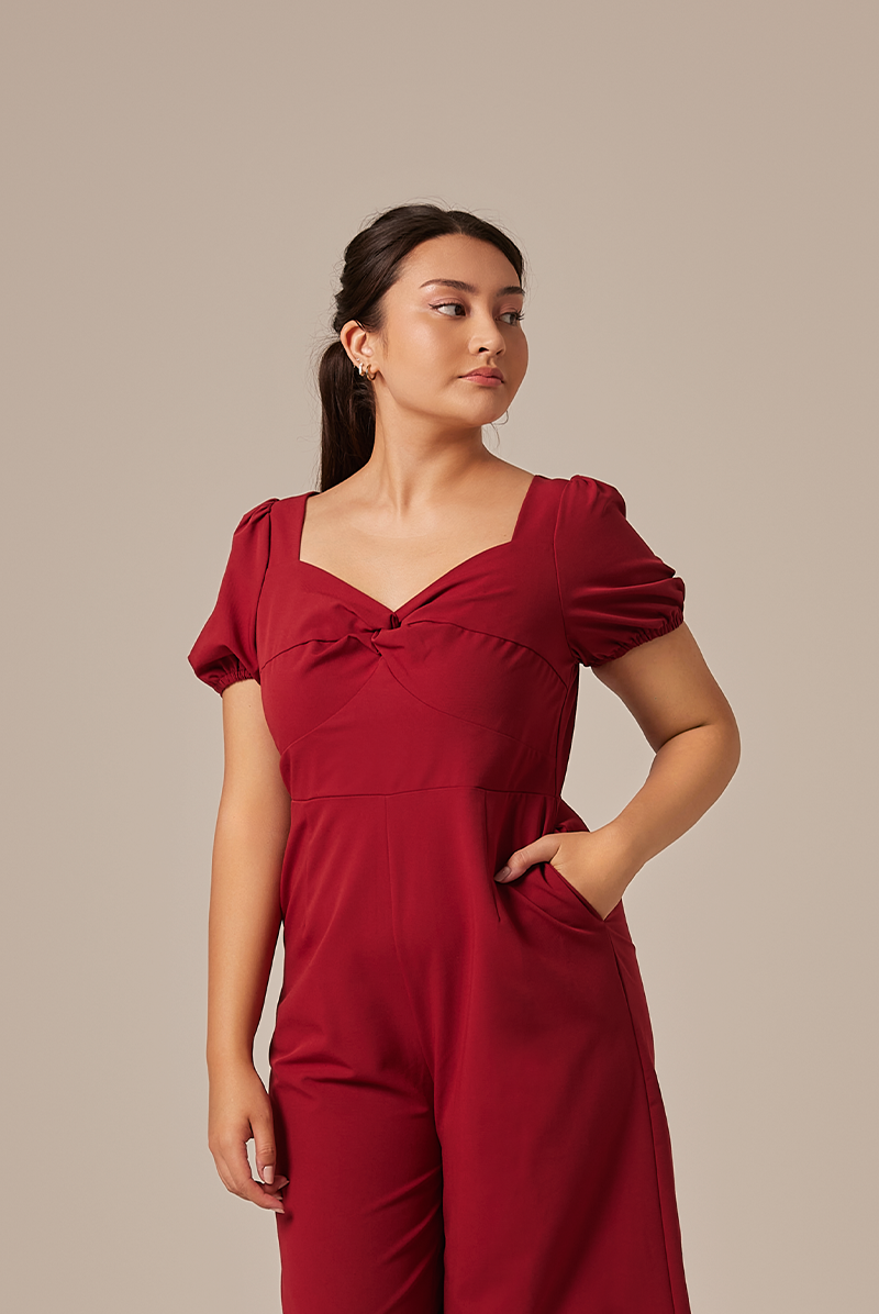 Aliana Knot Twist Jumpsuit in Cherry