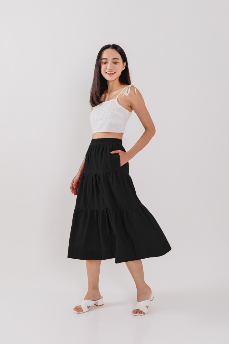 Celeste Tiered Midi Skirt in Black