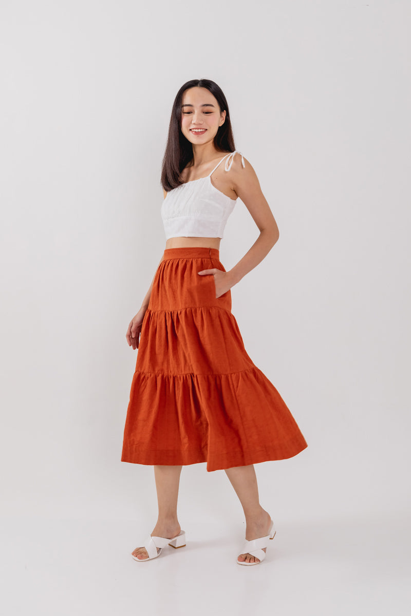 Celeste Tiered Midi Skirt in Orange