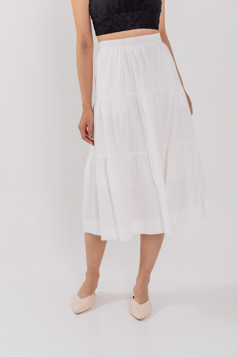 Celeste Tiered Midi Skirt in White