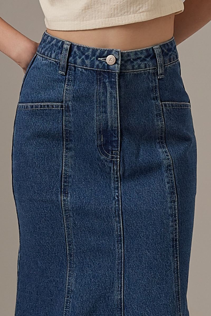 Dahlia Panel Denim Skirt in Denim Blue