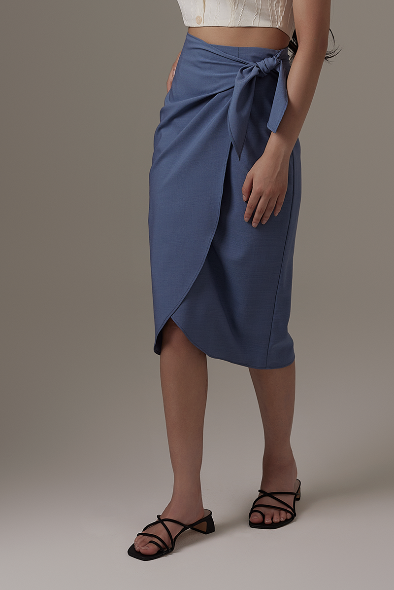 Lolah Wrap Midi Skirt in Denim Blue
