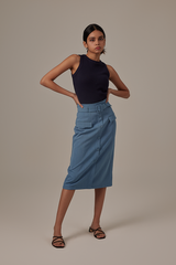 Amira Button Front Pencil Skirt in Denim Blue