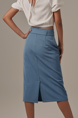 Amira Button Front Pencil Skirt in Denim Blue