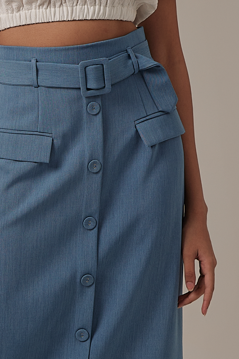 Amira Button Front Pencil Skirt in Denim Blue
