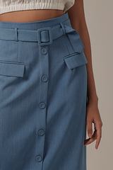 Amira Button Front Pencil Skirt in Denim Blue