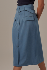 Amira Button Front Pencil Skirt in Denim Blue