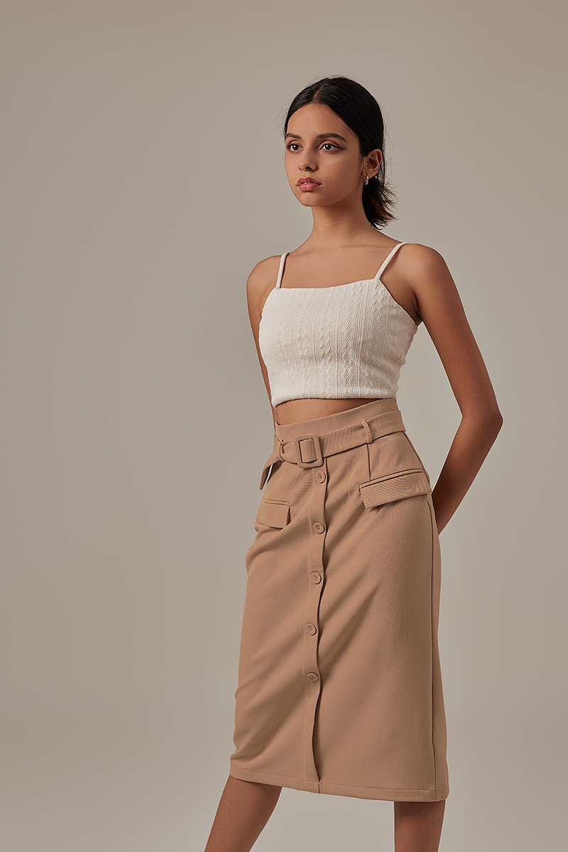 Amira Button Front Pencil Skirt in Denim Blue