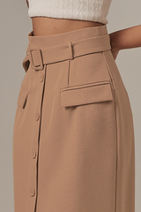 Amira Button Front Pencil Skirt in Khaki