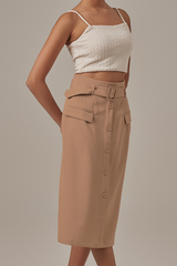 Amira Button Front Pencil Skirt in Khaki