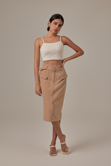 Amira Button Front Pencil Skirt in Khaki