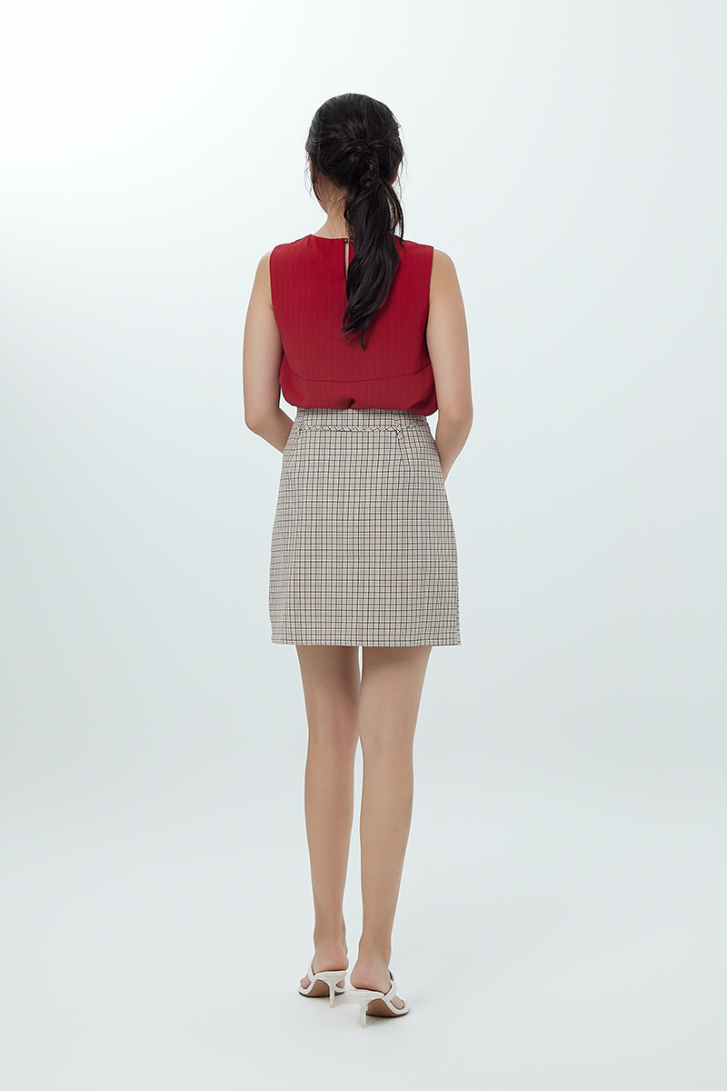 Clarissa Box Pleat Plaid Skirt in Khaki
