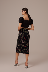 Romania Floral Side Slit Skirt in Black