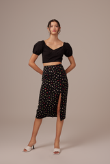 Romania Floral Side Slit Skirt in Black