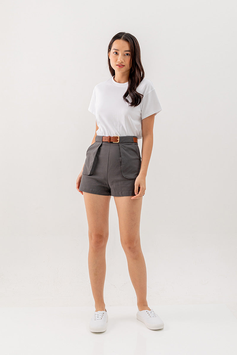 Xenia Belted Shorts in Dark Grey