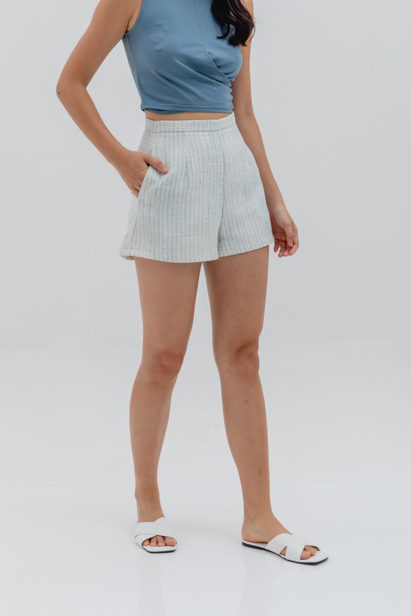 Fernenda High Waisted Patterned Shorts in Light Blue
