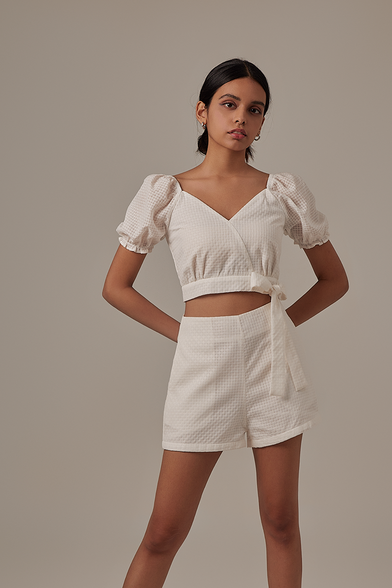 Isabella Highwaisted Textured Shorts in White