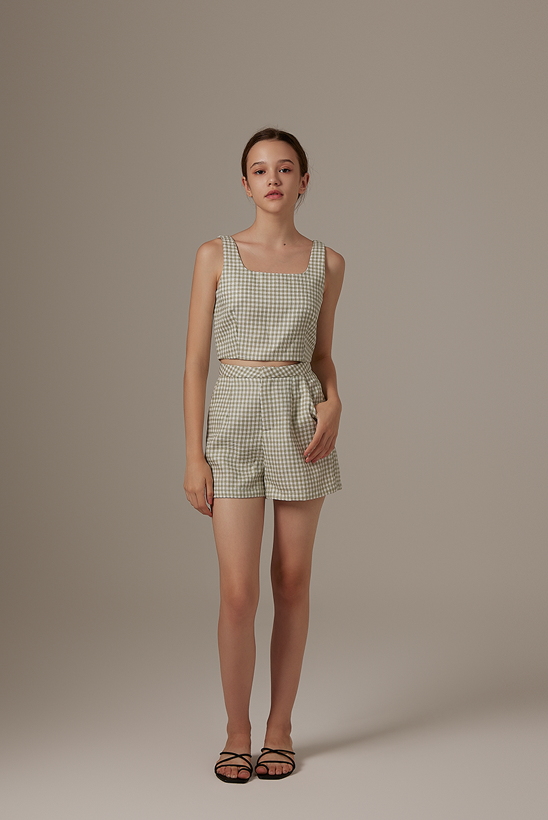 Tania Checkered Tweed Shorts in Sage Green