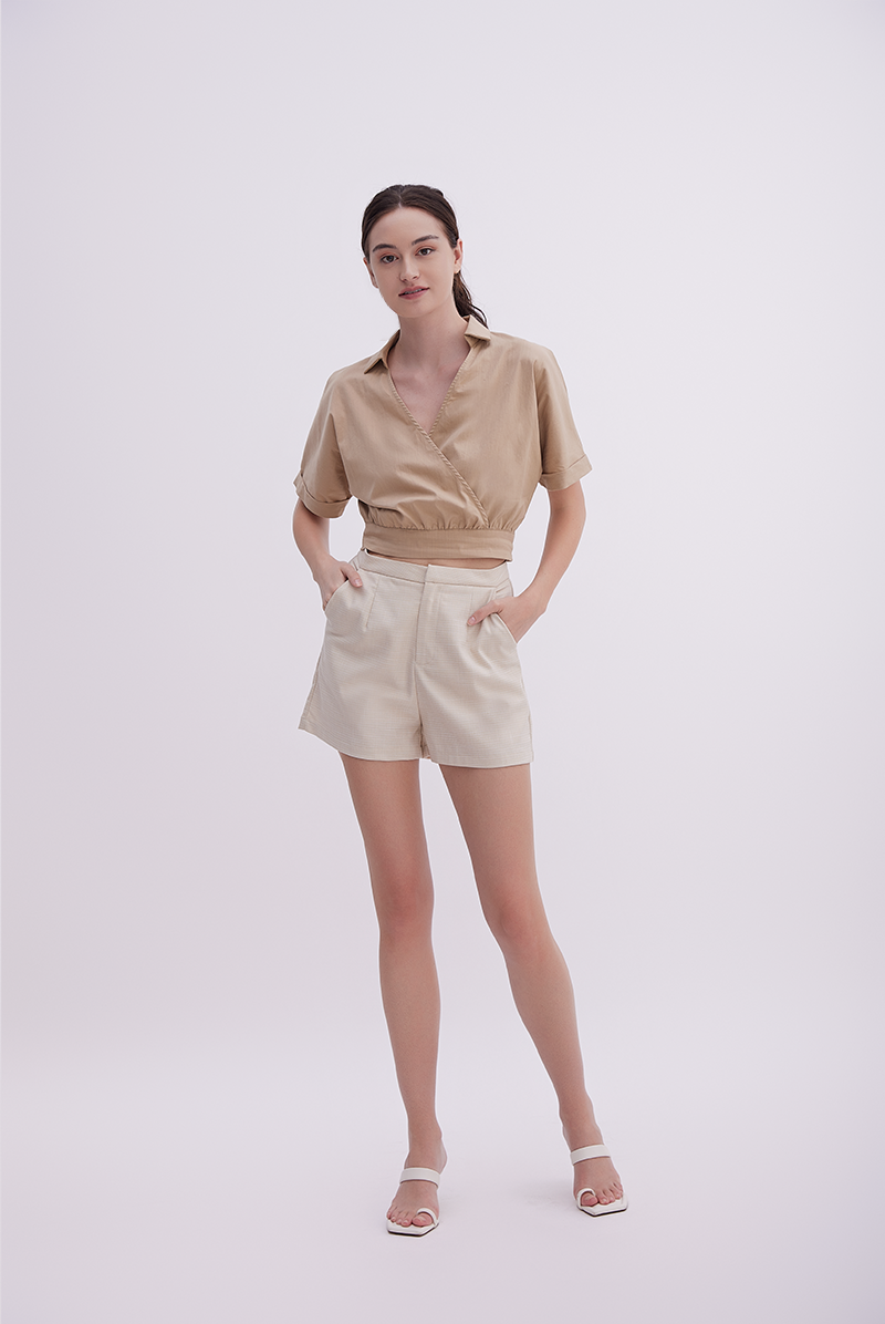 Maia Checkered High Waisted Shorts in Khaki