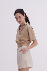 Maia Checkered High Waisted Shorts in Khaki