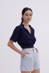 Maia Checkered High Waisted Shorts in Light Blue