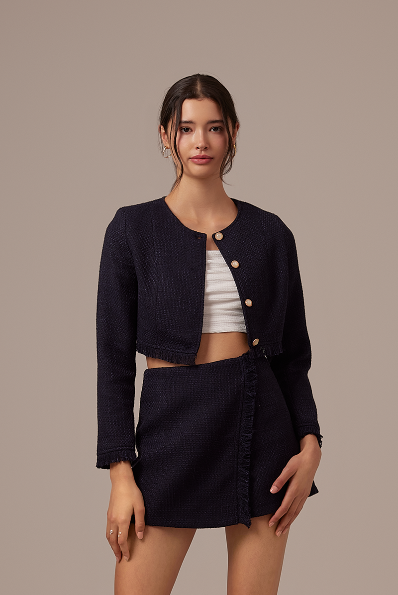Jora Tweed Cropped Jacket in Navy Blue