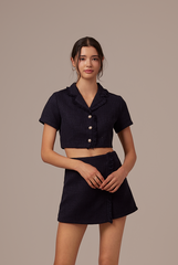 Korina Tweed Jacket Top in Navy Blue