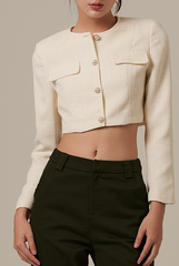 Janelyn Tweed Long-Sleeve Jacket in Cream