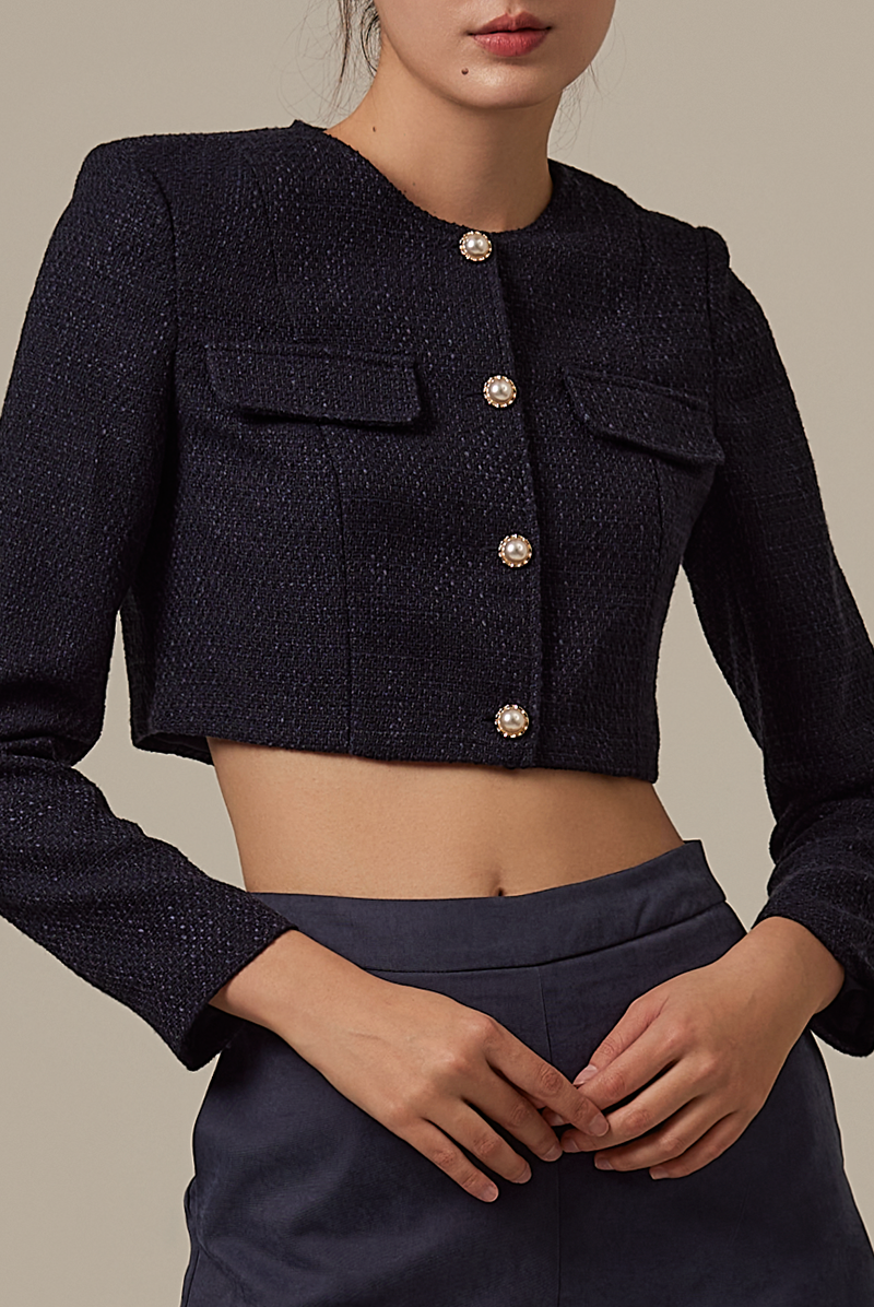 Janelyn Tweed Long-Sleeve Jacket in Navy Blue